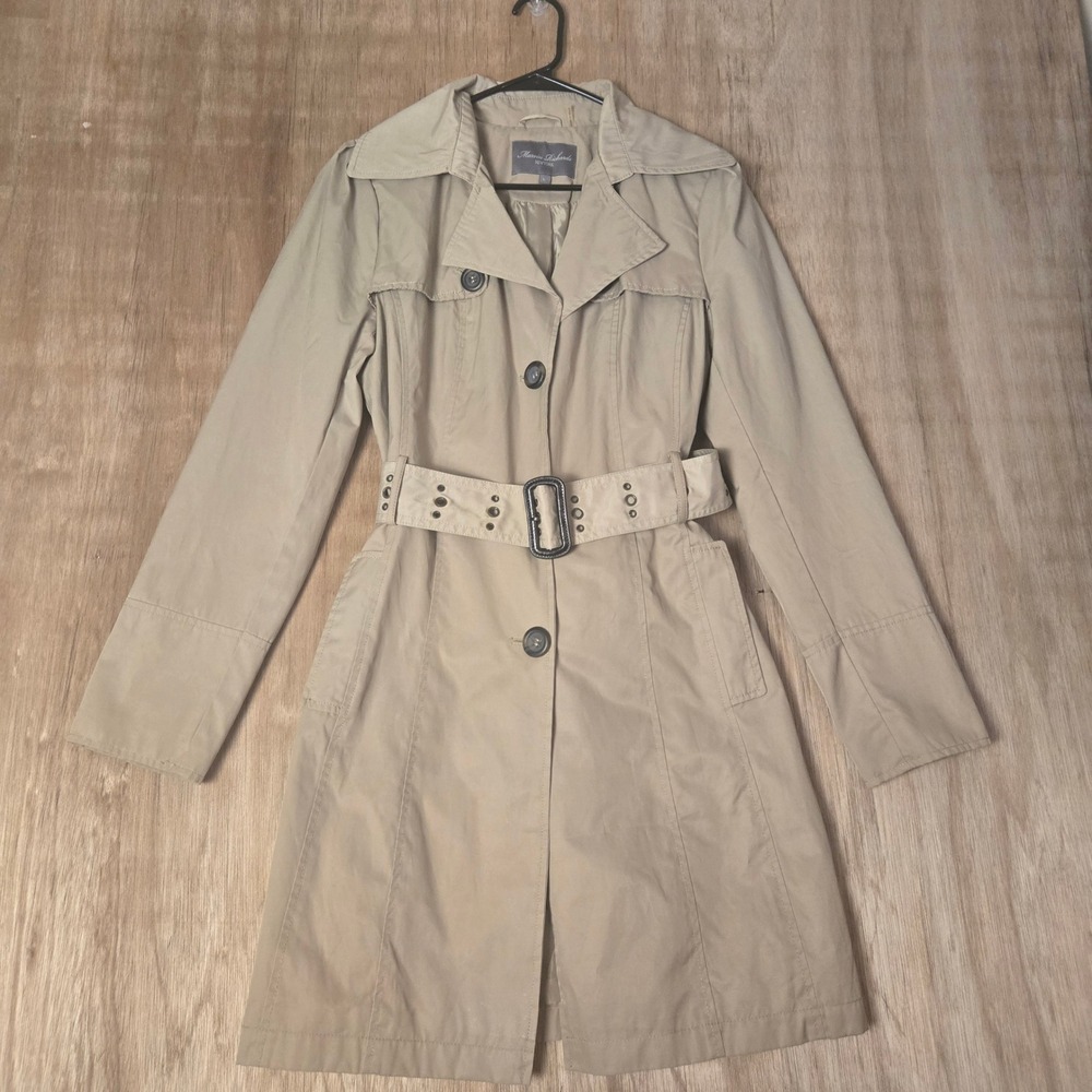 Marvin Richards Khaki Double Breasted Trench Coat Belted Grommet Trim Size L